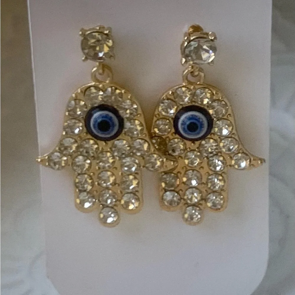 Evil eye protection hamsa hand of fatima gold tone rhinestone earrings - Picture 2 of 4